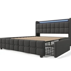 Generique Lit double 160x200 cm avec tête de lit LED, ports USB, 4 tiroirs et sommier à lattes en bois, gris* Lit Double