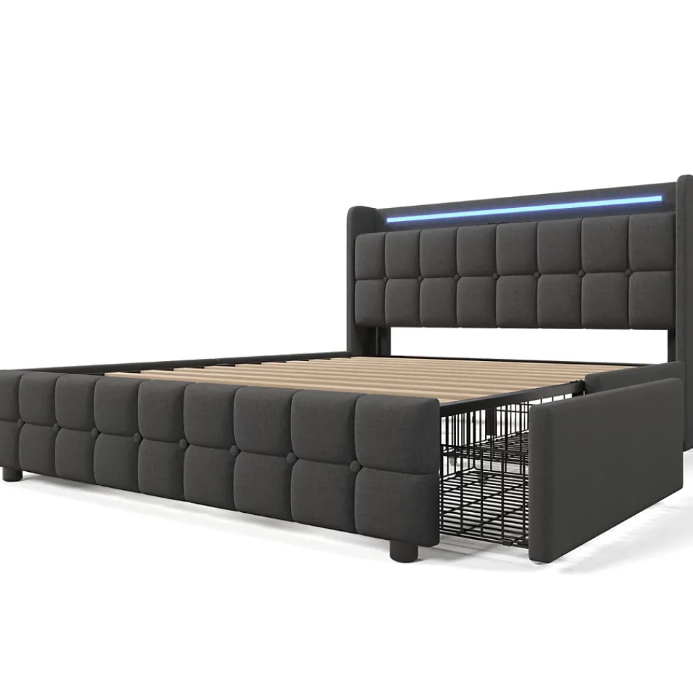 Generique Lit double 160x200 cm avec tête de lit LED, ports USB, 4 tiroirs et sommier à lattes en bois, gris* Lit Double