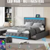 Lit double 180x200 cm avec tête de lit LED réglable, USB et Type-C, 4 tiroirs, sommier à lattes, structure en métal - Gris>Generique