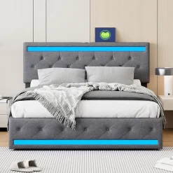 Lit double 180x200 cm avec tête de lit LED réglable, USB et Type-C, 4 tiroirs, sommier à lattes, structure en métal - Gris>Generique