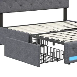 Lit double 180x200 cm avec tête de lit LED réglable, USB et Type-C, 4 tiroirs, sommier à lattes, structure en métal - Gris><noscript><img width=