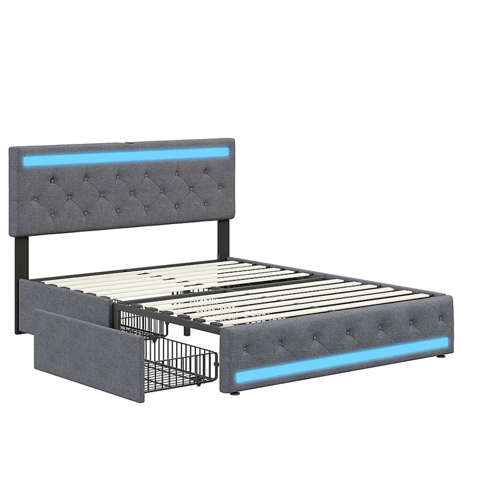 Lit double 180x200 cm avec tête de lit LED réglable, USB et Type-C, 4 tiroirs, sommier à lattes, structure en métal - Gris>Generique