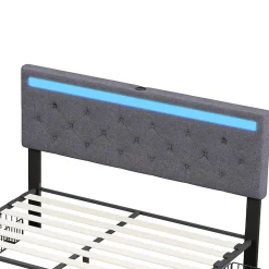 Lit double 180x200 cm avec tête de lit LED réglable, USB et Type-C, 4 tiroirs, sommier à lattes, structure en métal - Gris><noscript><img width=