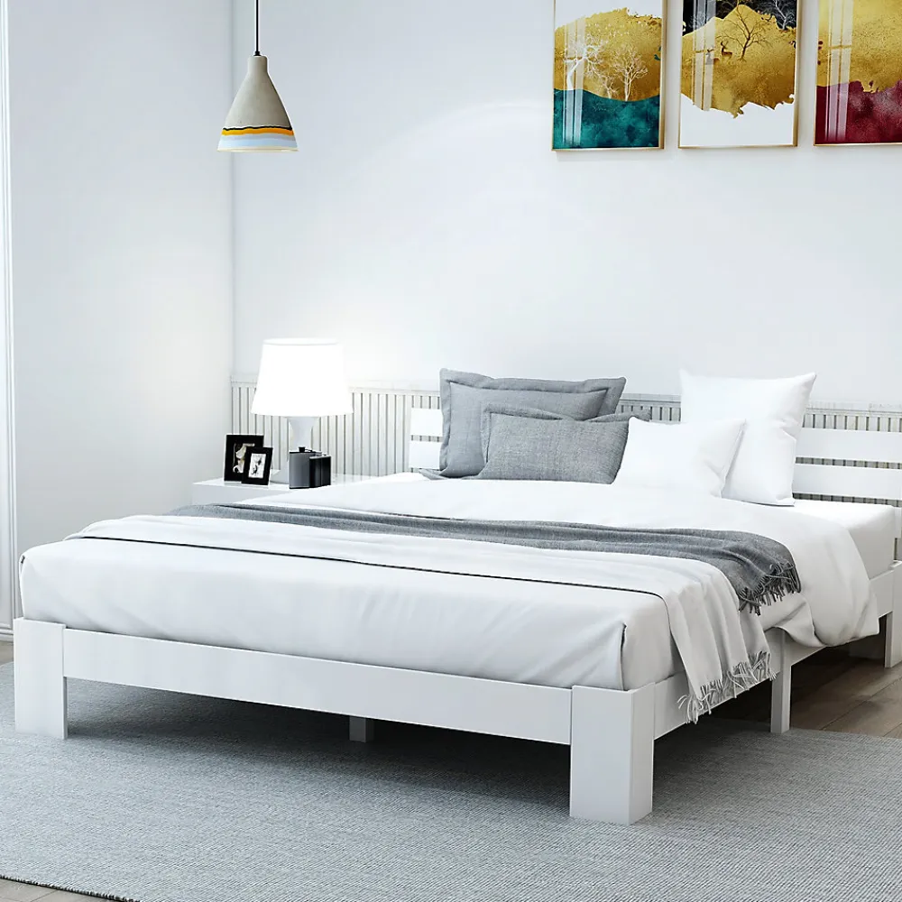 Lit Double 140x200 cm avec Tête de Lit, Cadre en Bois de Pin Massif et Sommier Intégré - Blanc, Sans Matelas>Okwish Discount