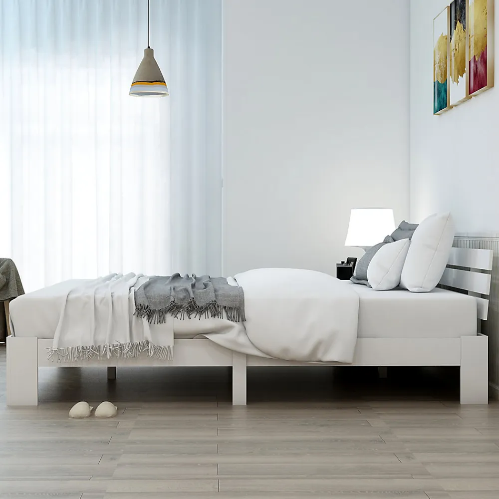 Lit Double 140x200 cm avec Tête de Lit, Cadre en Bois de Pin Massif et Sommier Intégré - Blanc, Sans Matelas>Okwish Discount