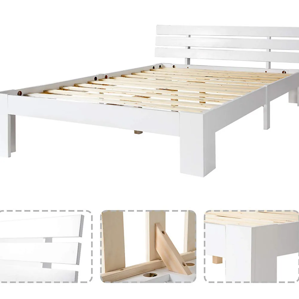 Lit Double 140x200 cm avec Tête de Lit, Cadre en Bois de Pin Massif et Sommier Intégré - Blanc, Sans Matelas>Okwish Discount