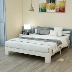 Lit Double 140x200 cm avec Tête de Lit, Cadre en Bois de Pin Massif et Sommier Intégré - Blanc, Sans Matelas><noscript><img width=