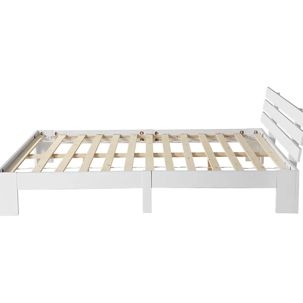 Lit Double 140x200 cm avec Tête de Lit, Cadre en Bois de Pin Massif et Sommier Intégré - Blanc, Sans Matelas>Okwish Discount