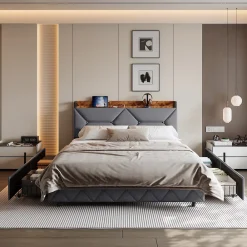 ProximaX Lit double 140x200 cm avec tête de lit, Lit rembourré avec rangements cachés, lit coffre avec ports USB/Type-C et 4 tiroirs, Gris* Lit Coffre