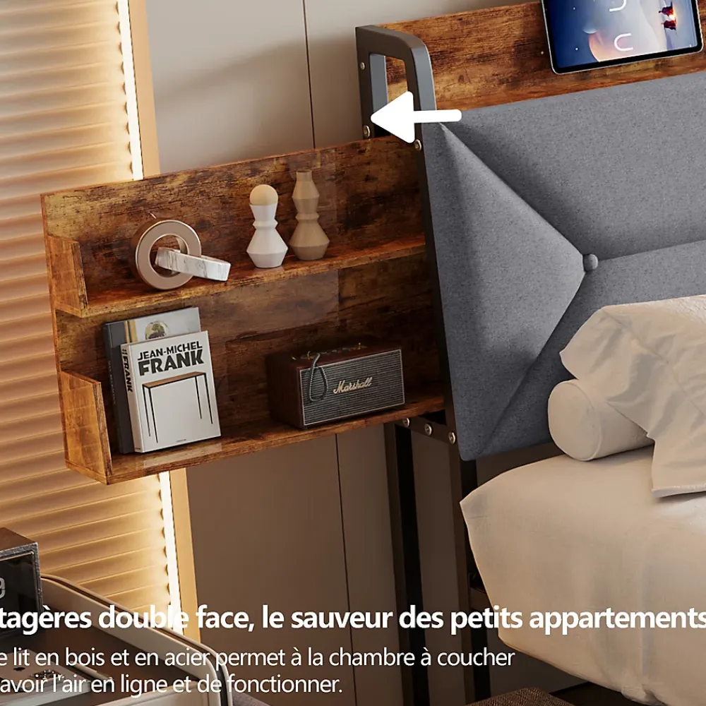 ProximaX Lit double 140x200 cm avec tête de lit, Lit rembourré avec rangements cachés, lit coffre avec ports USB/Type-C et 4 tiroirs, Gris* Lit Coffre