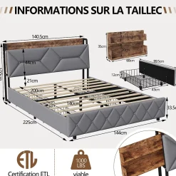 ProximaX Lit double 140x200 cm avec tête de lit, Lit rembourré avec rangements cachés, lit coffre avec ports USB/Type-C et 4 tiroirs, Gris* Lit Coffre