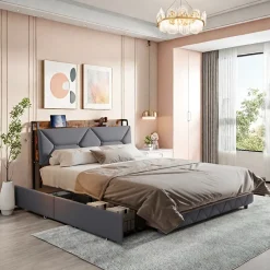 ProximaX Lit double 140x200 cm avec tête de lit, Lit rembourré avec rangements cachés, lit coffre avec ports USB/Type-C et 4 tiroirs, Gris* Lit Coffre