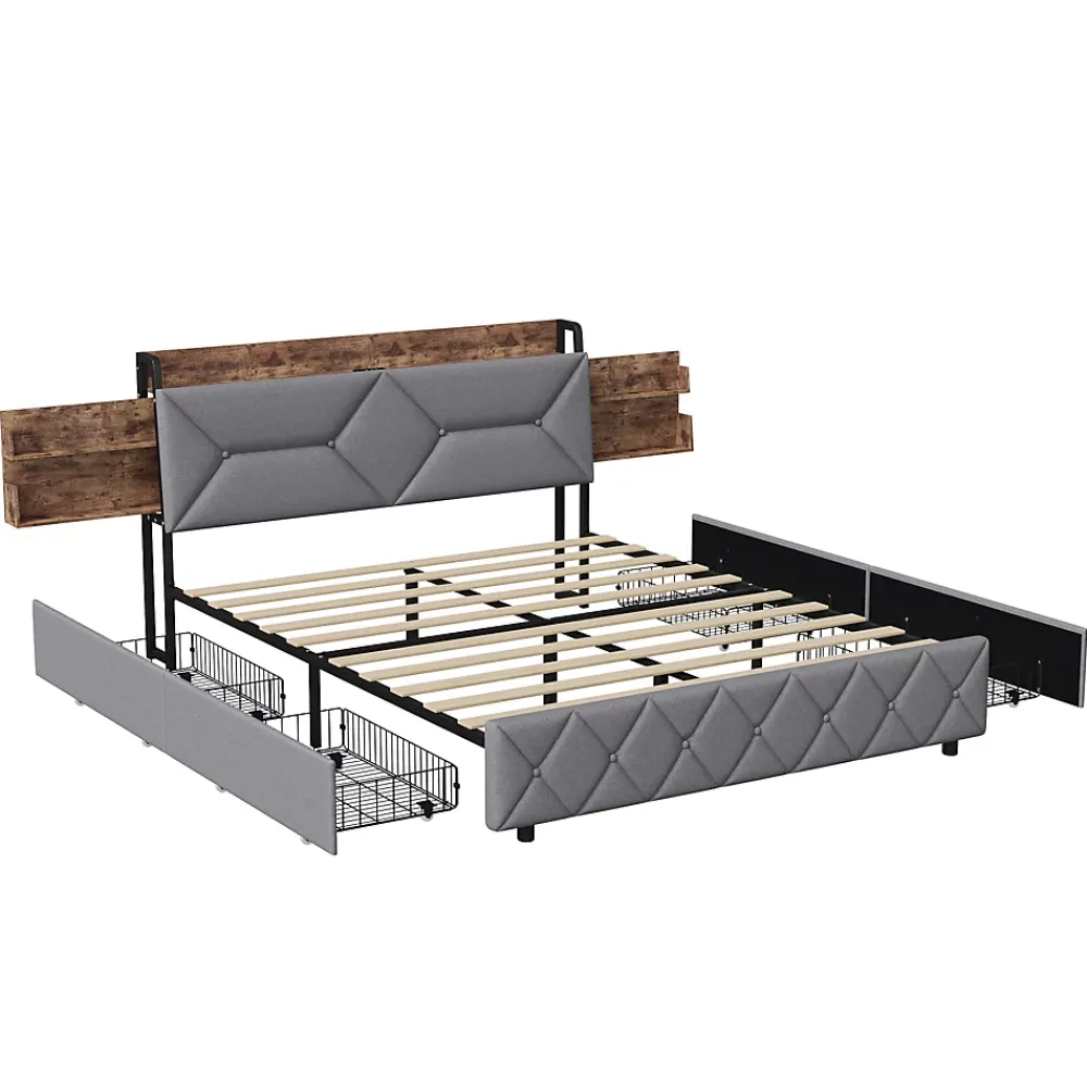 ProximaX Lit double 140x200 cm avec tête de lit, Lit rembourré avec rangements cachés, lit coffre avec ports USB/Type-C et 4 tiroirs, Gris* Lit Coffre