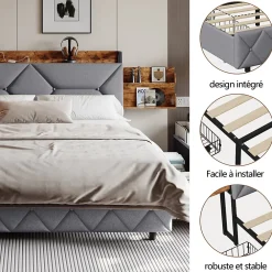 ProximaX Lit double 140x200 cm avec tête de lit, Lit rembourré avec rangements cachés, lit coffre avec ports USB/Type-C et 4 tiroirs, Gris* Lit Coffre