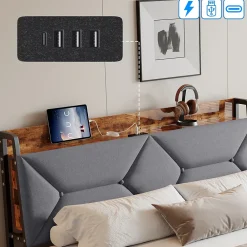 ProximaX Lit double 140x200 cm avec tête de lit, Lit rembourré avec rangements cachés, lit coffre avec ports USB/Type-C et 4 tiroirs, Gris* Lit Coffre