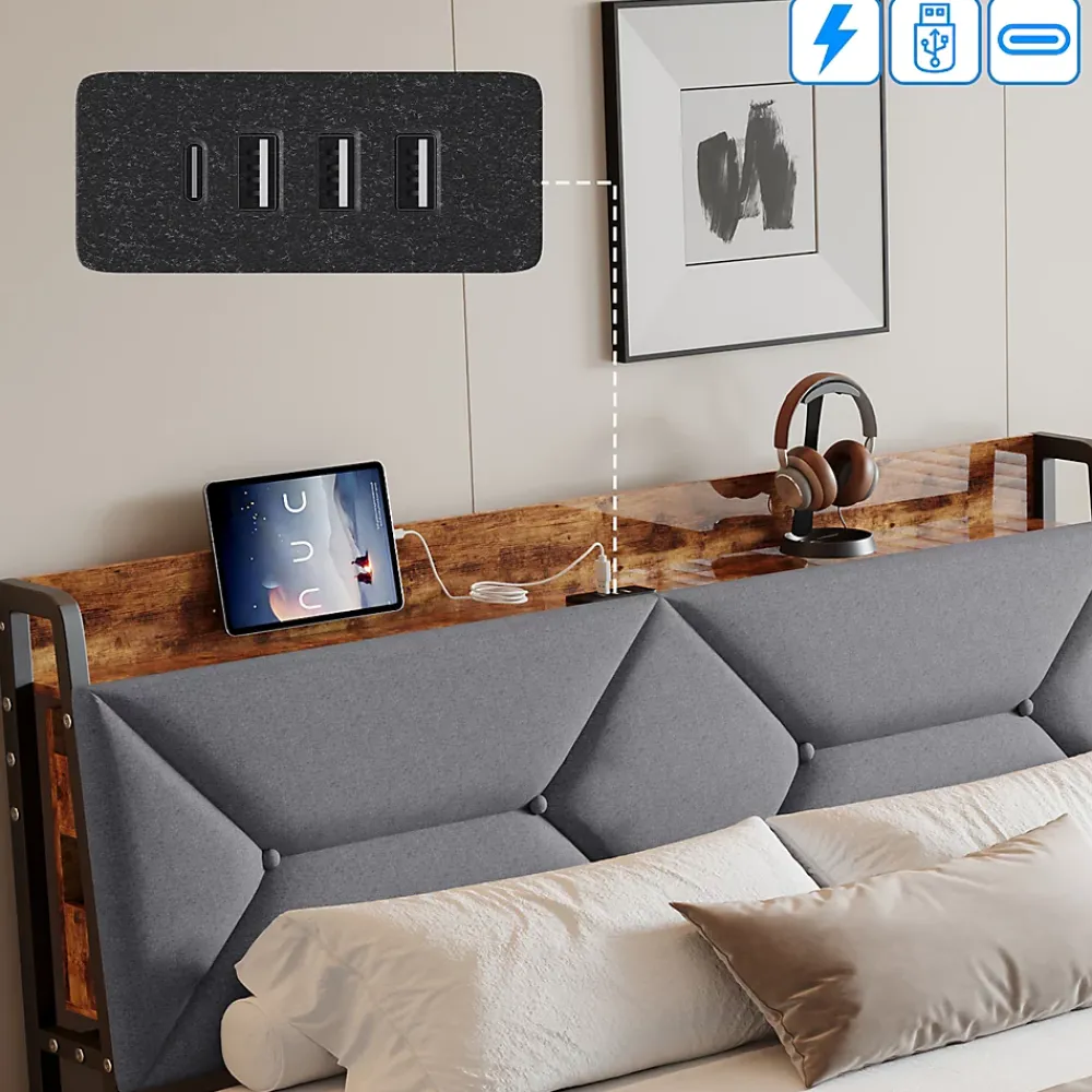 ProximaX Lit double 140x200 cm avec tête de lit, Lit rembourré avec rangements cachés, lit coffre avec ports USB/Type-C et 4 tiroirs, Gris* Lit Coffre
