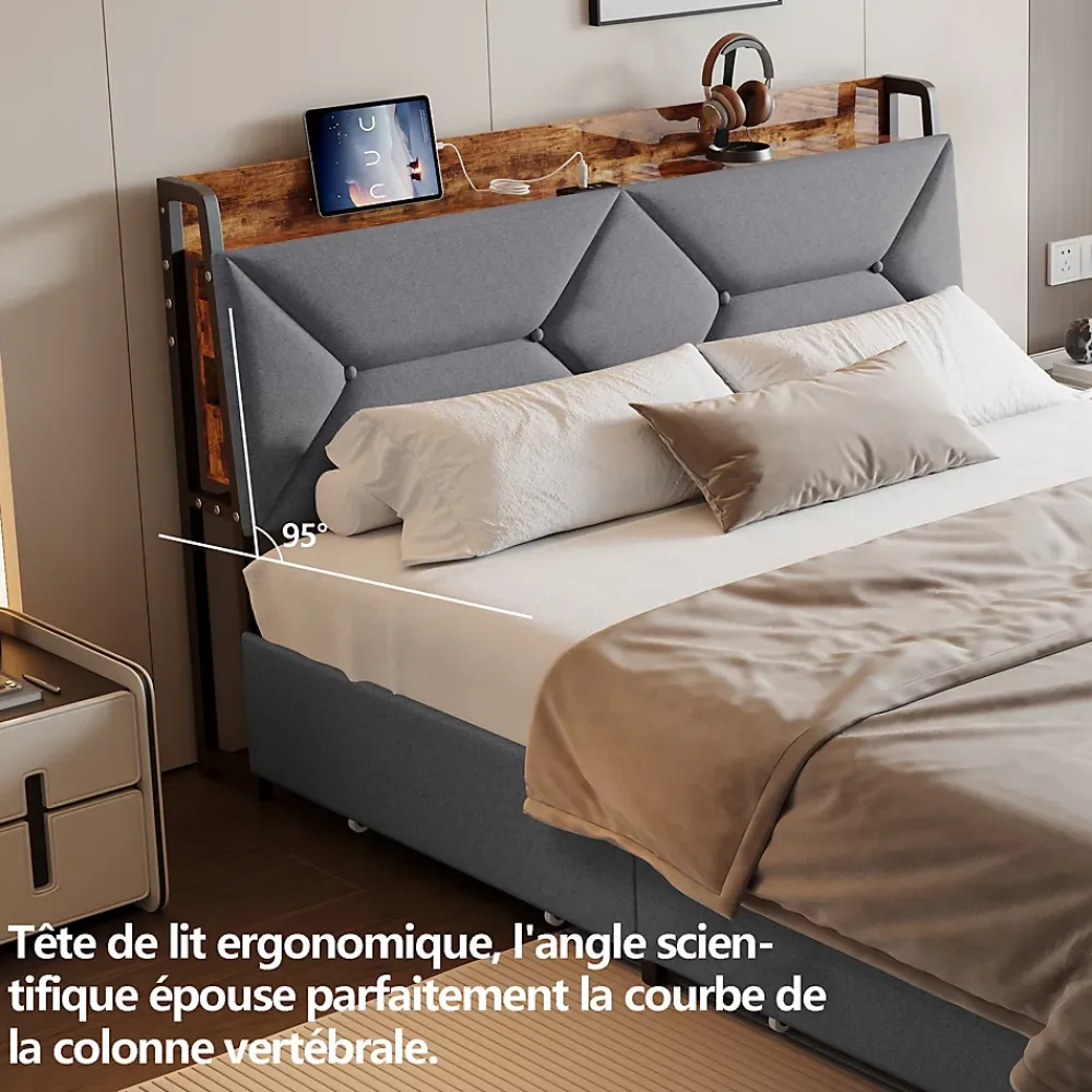 ProximaX Lit double 140x200 cm avec tête de lit, Lit rembourré avec rangements cachés, lit coffre avec ports USB/Type-C et 4 tiroirs, Gris* Lit Coffre