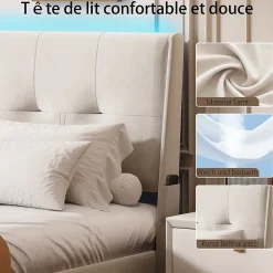 ProximaX Lit double 160x200 cm beige avec tête de lit rembourrée, LED intégré, rangement sous sommier et design minimaliste* Lit Coffre