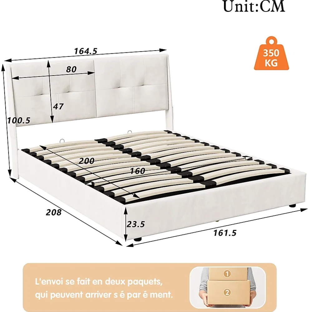 ProximaX Lit double 160x200 cm beige avec tête de lit rembourrée, LED intégré, rangement sous sommier et design minimaliste* Lit Coffre