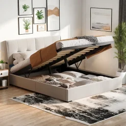 ProximaX Lit double 160x200 cm beige avec tête de lit rembourrée, LED intégré, rangement sous sommier et design minimaliste* Lit Coffre