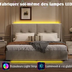ProximaX Lit double 160x200 cm beige avec tête de lit rembourrée, LED intégré, rangement sous sommier et design minimaliste* Lit Coffre