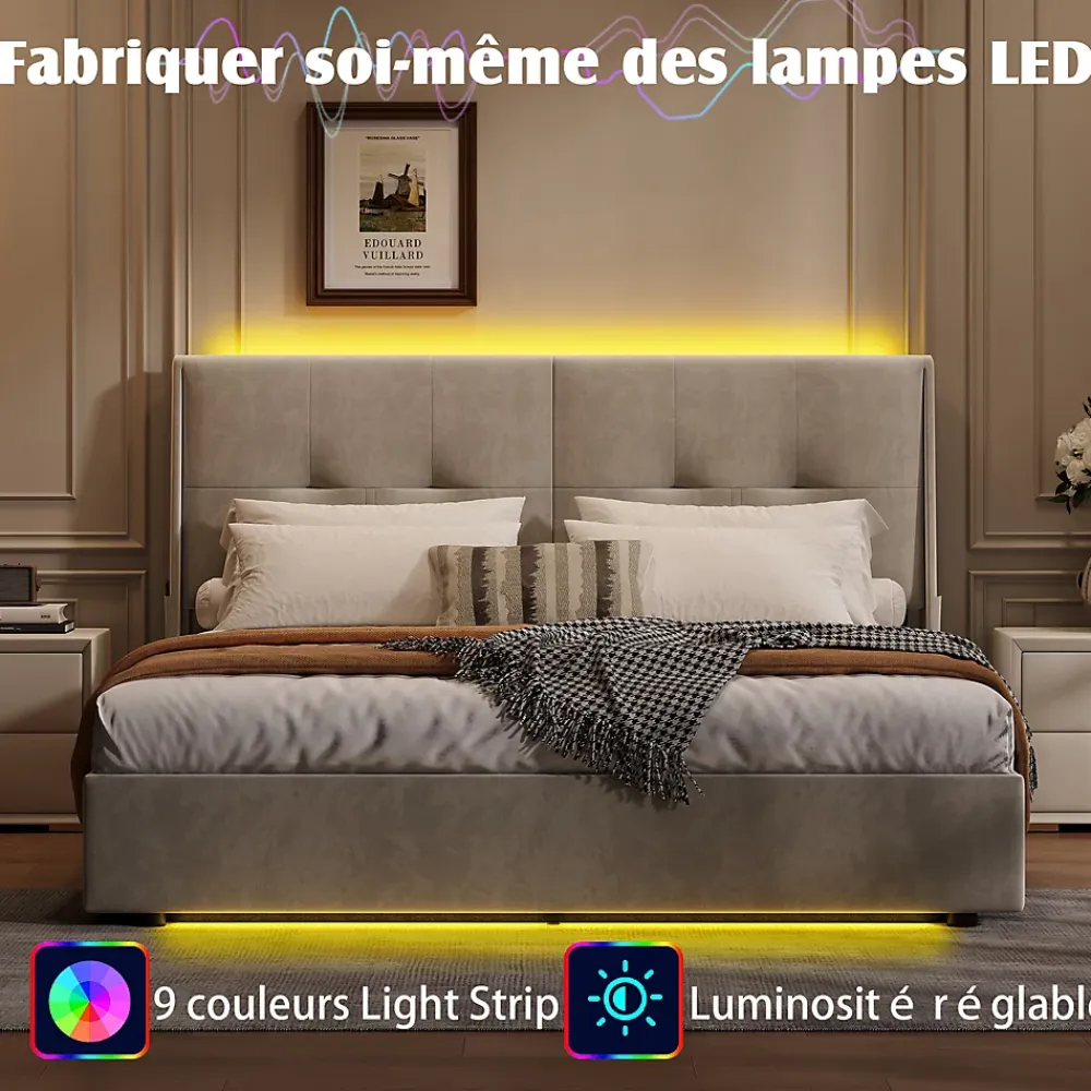 ProximaX Lit double 160x200 cm beige avec tête de lit rembourrée, LED intégré, rangement sous sommier et design minimaliste* Lit Coffre