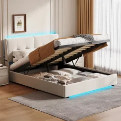 ProximaX Lit double 160x200 cm beige avec tête de lit rembourrée, LED intégré, rangement sous sommier et design minimaliste* Lit Coffre