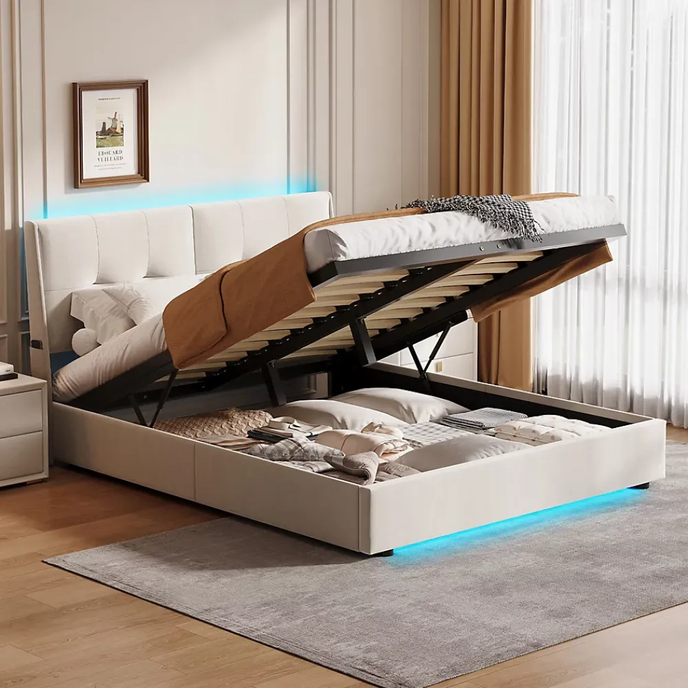 ProximaX Lit double 160x200 cm beige avec tête de lit rembourrée, LED intégré, rangement sous sommier et design minimaliste* Lit Coffre