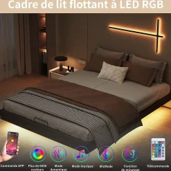ProximaX Lit double 160x200 cm beige design flottant avec LED, sommier lattes bois, structure métal, Sans tête, rangement intégré* Lit Coffre
