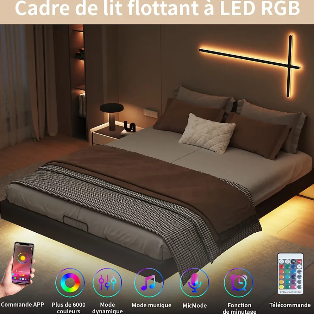 ProximaX Lit double 160x200 cm beige design flottant avec LED, sommier lattes bois, structure métal, Sans tête, rangement intégré* Lit Coffre