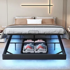ProximaX Lit double 160x200 cm beige design flottant avec LED, sommier lattes bois, structure métal, Sans tête, rangement intégré* Lit Coffre