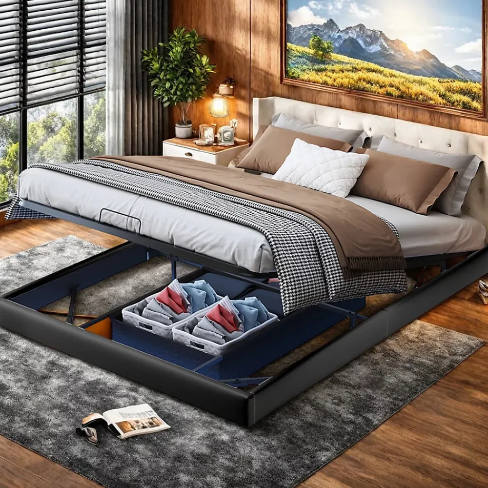 ProximaX Lit double 160x200 cm beige design flottant avec LED, sommier lattes bois, structure métal, Sans tête, rangement intégré* Lit Coffre