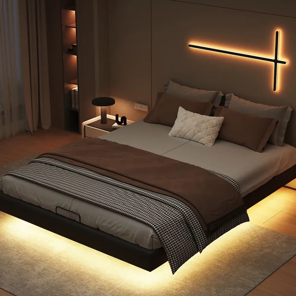 ProximaX Lit double 160x200 cm beige design flottant avec LED, cadre métal, sommier à lattes bois et espace de rangement (sans tête de lit)* Lit Coffre