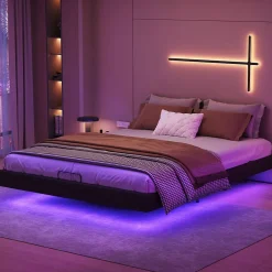 ProximaX Lit double 160x200 cm beige design flottant avec LED, cadre métal, sommier à lattes bois et espace de rangement (sans tête de lit)* Lit Coffre