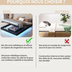 ProximaX Lit double 160x200 cm beige design flottant avec LED, cadre métal, sommier à lattes bois et espace de rangement (sans tête de lit)* Lit Coffre