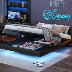 ProximaX Lit double 160x200 cm beige design flottant avec LED, cadre métal, sommier à lattes bois et espace de rangement (sans tête de lit)* Lit Coffre