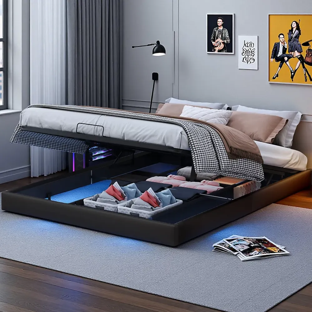 ProximaX Lit double 160x200 cm beige design flottant avec LED, cadre métal, sommier à lattes bois et espace de rangement (sans tête de lit)* Lit Coffre