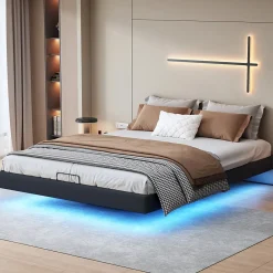 ProximaX Lit double 160x200 cm beige design flottant avec LED, cadre métal, sommier à lattes bois et espace de rangement (sans tête de lit)* Lit Coffre