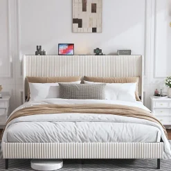 Okwish Lit double 180x200 cm capitonné adulte avec métallique stable et design à ailes - plateforme rembourrée velours côtelé beige/crème* Lit Double