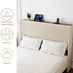 Okwish Lit double 180x200 cm capitonné adulte avec métallique stable et design à ailes - plateforme rembourrée velours côtelé beige/crème* Lit Double