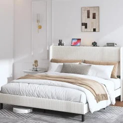 Okwish Lit double 180x200 cm capitonné adulte avec métallique stable et design à ailes - plateforme rembourrée velours côtelé beige/crème* Lit Double