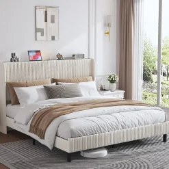 Okwish Lit double 180x200 cm capitonné adulte avec métallique stable et design à ailes - plateforme rembourrée velours côtelé beige/crème* Lit Double
