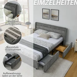 Okwish Lit Double 160x200 cm Capitonné, 4 Tiroirs, Facile à Assembler pour Chambre Parentale ou d'Invité, Gris Foncé, Sans Matelas* Lit Double