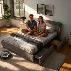 Okwish Lit Double 160x200 cm Capitonné, 4 Tiroirs, Facile à Assembler pour Chambre Parentale ou d'Invité, Gris Foncé, Sans Matelas* Lit Double