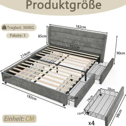 Okwish Lit Double 160x200 cm Capitonné, 4 Tiroirs, Facile à Assembler pour Chambre Parentale ou d'Invité, Gris Foncé, Sans Matelas* Lit Double