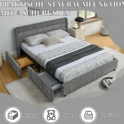 Okwish Lit Double 160x200 cm Capitonné, 4 Tiroirs, Facile à Assembler pour Chambre Parentale ou d'Invité, Gris Foncé, Sans Matelas* Lit Double