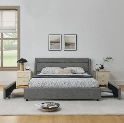Okwish Lit Double 160x200 cm Capitonné, 4 Tiroirs, Facile à Assembler pour Chambre Parentale ou d'Invité, Gris Foncé, Sans Matelas* Lit Double