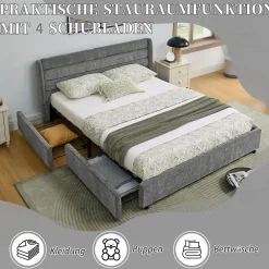 Okwish Lit Double 140x200 cm Capitonné, 4 Tiroirs, Facile à Assembler pour Chambre d'Ado ou d'Invité, Gris Foncé, Sans Matelas* Lit Double