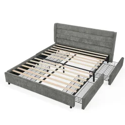 Okwish Lit Double 140x200 cm Capitonné, 4 Tiroirs, Facile à Assembler pour Chambre d'Ado ou d'Invité, Gris Foncé, Sans Matelas* Lit Double