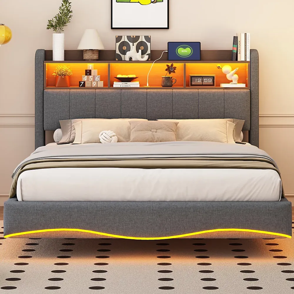 Okwish Lit Double 140x200 cm capitonné avec LED et Ports USB/Type-C, Coffre Intégré, Tissu Gris, Sans Matelas* Lit Double